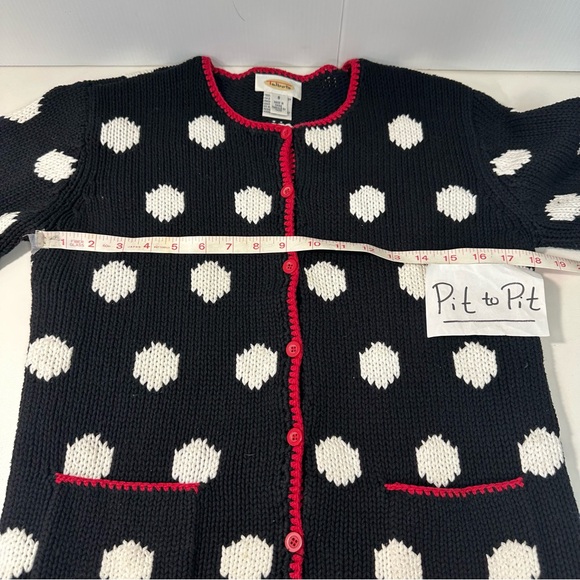 Talbots Cardigan Sweater Chunky Knit Black Red White Circles Business Casual S - Picture 7 of 9